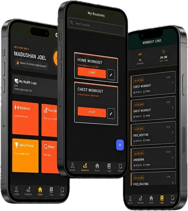 PowerLog app screens showing routines and workout logs